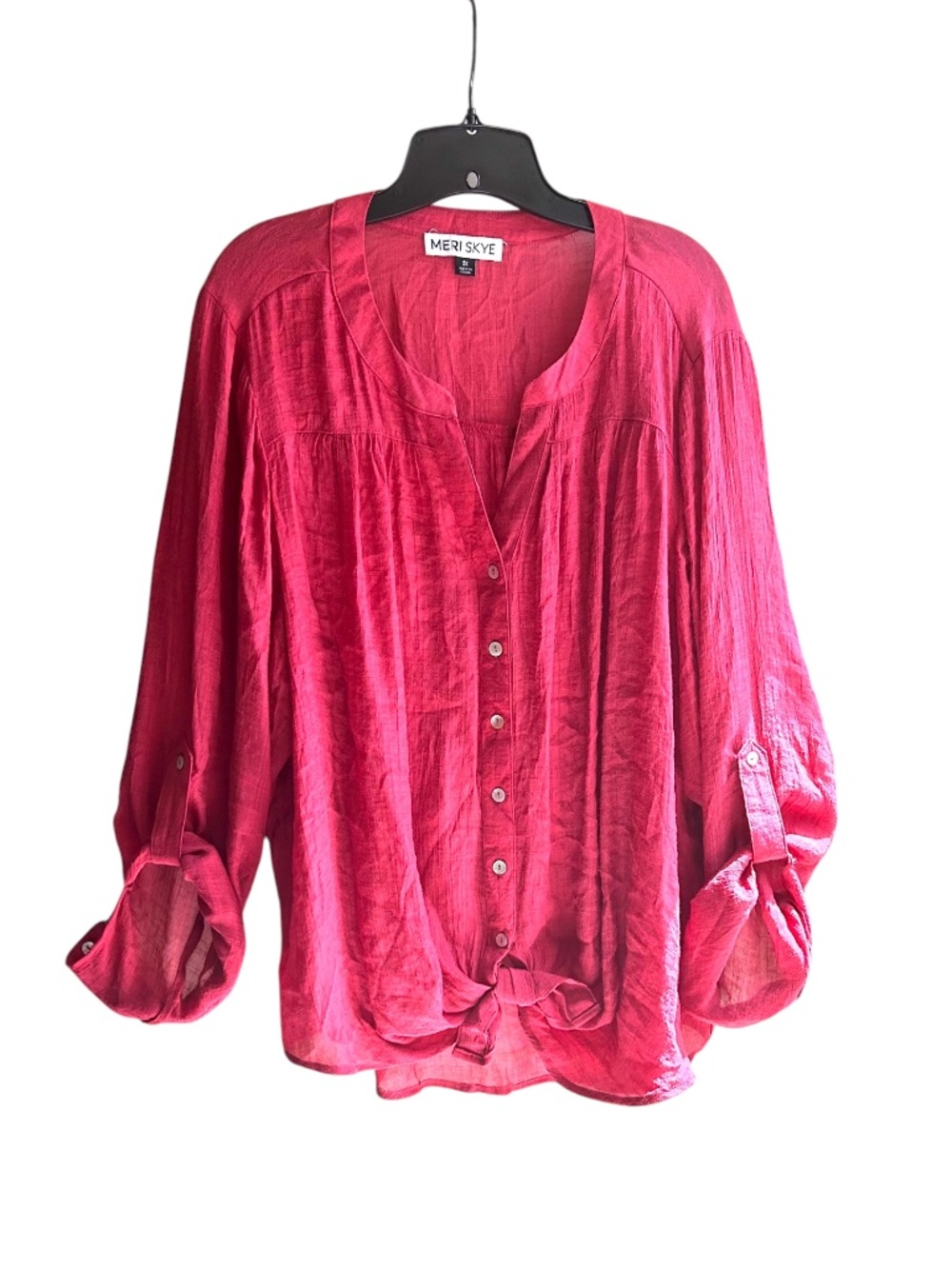 MERI SKYE Linen Look Poly/Rayon Blend V Neck Blouse with Tie Front 2X